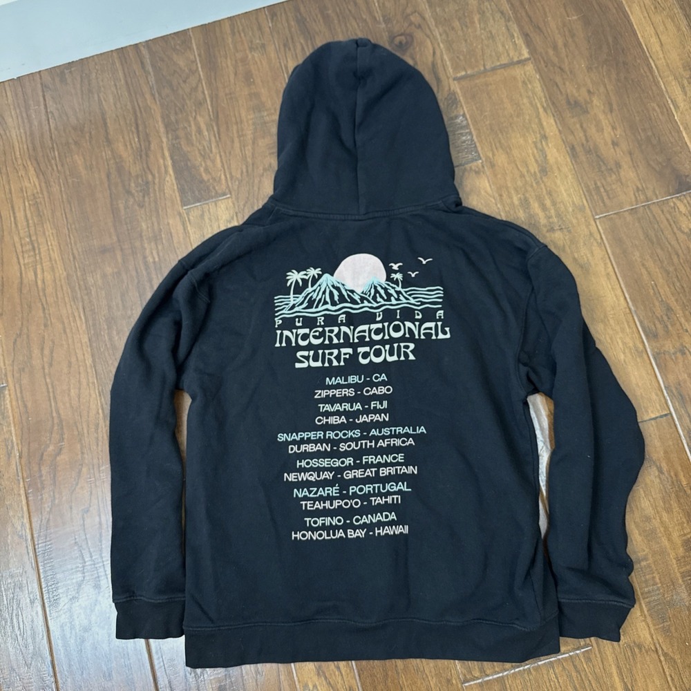 Pura Vida International Surf Tour Hoodie Hooded Sweatshirt Mens M Black Surfing